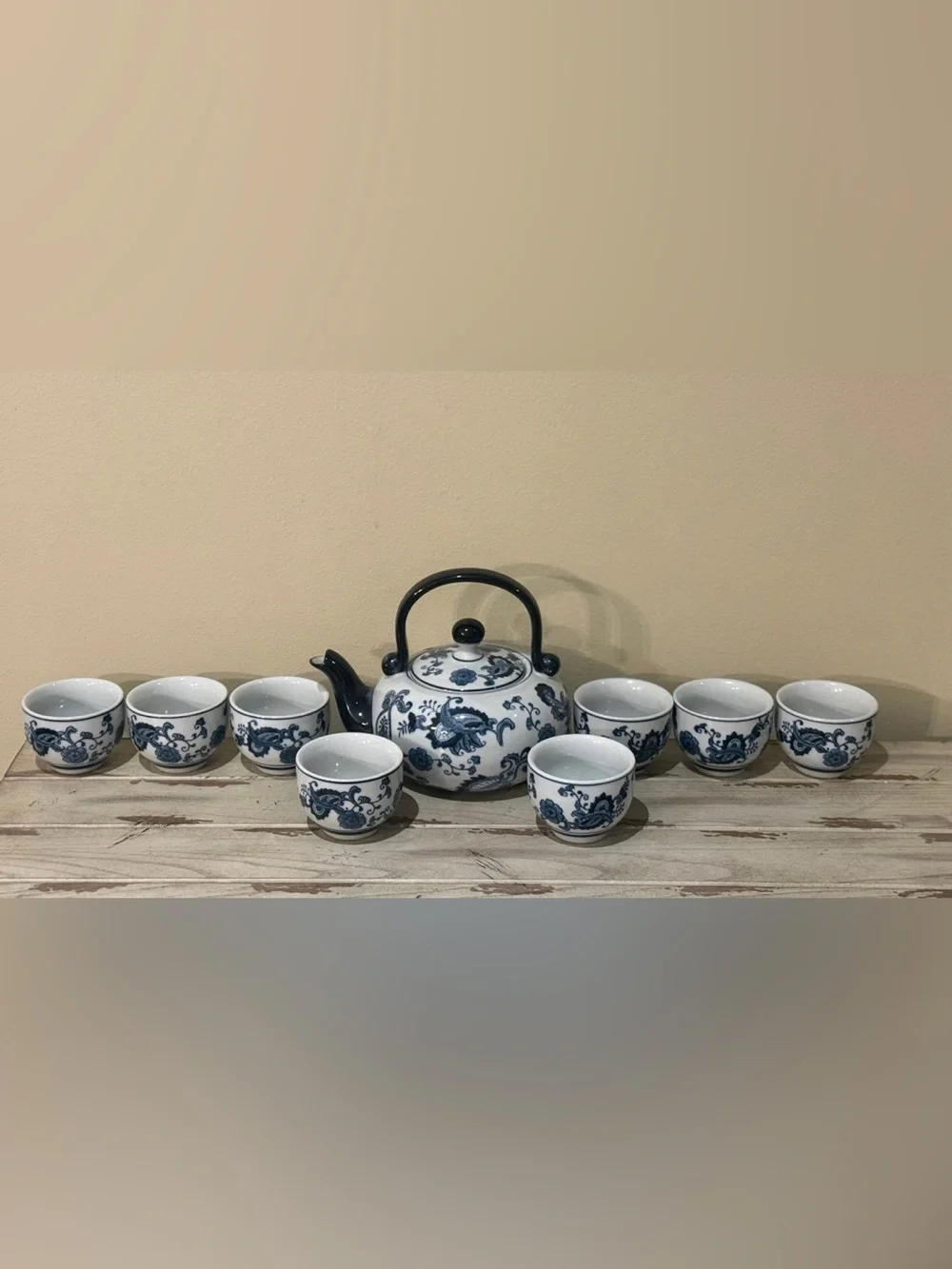 Pier 1 Blue & White Chinoiserie Hand Painted Porcelain Tea Set Teapot 8 Cups